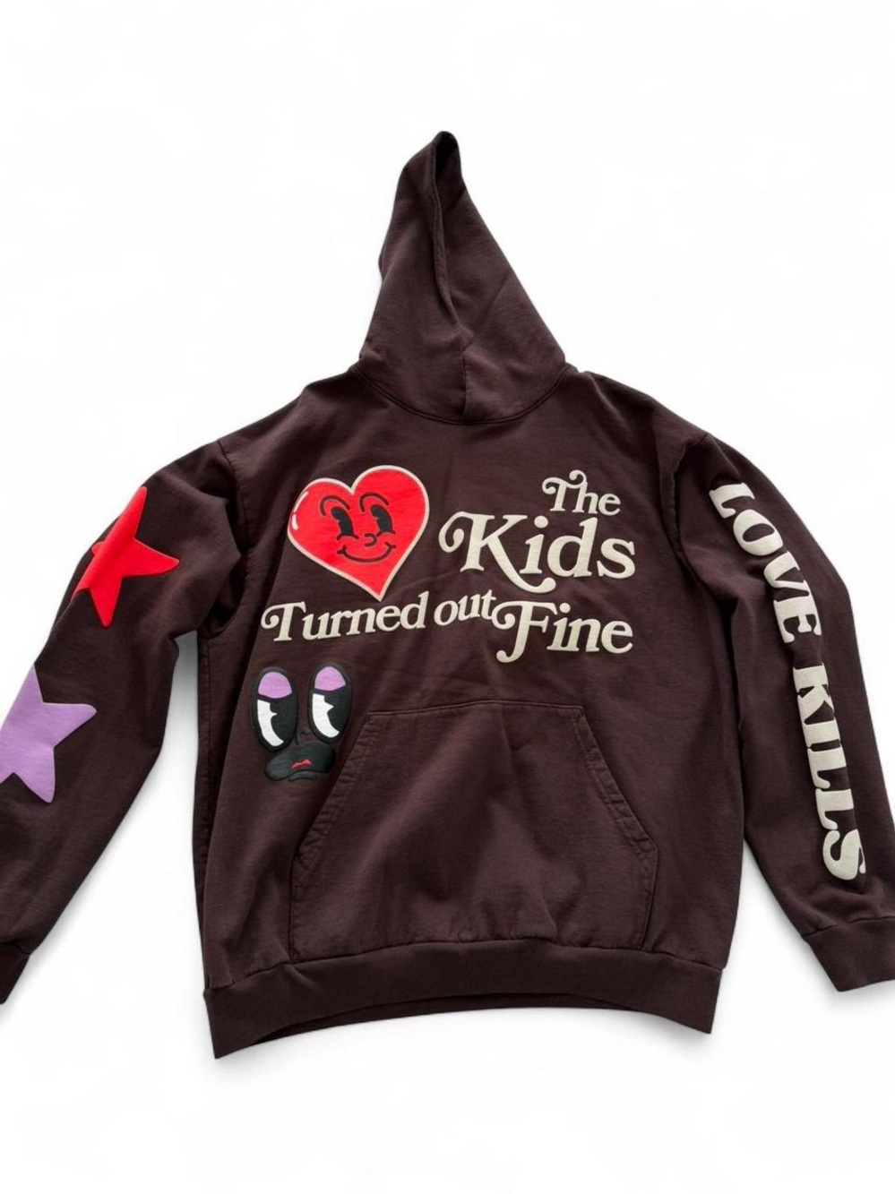 MNML Brown Graphic Hoodie with Red Heart & Purple Star